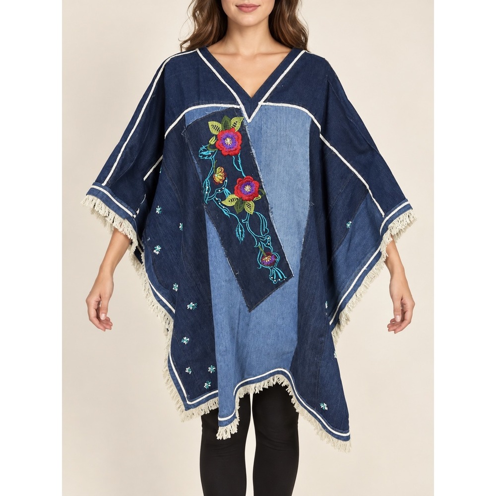 Upcycled Denim Patchwork Poncho with Floral Embroidery & Fringe
